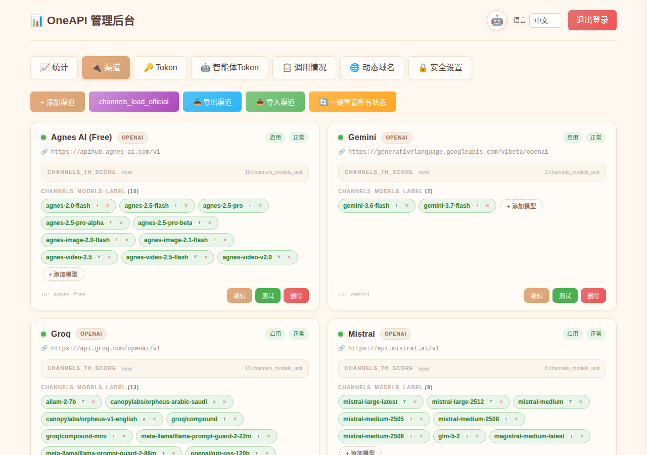 OneAPI 渠道管理